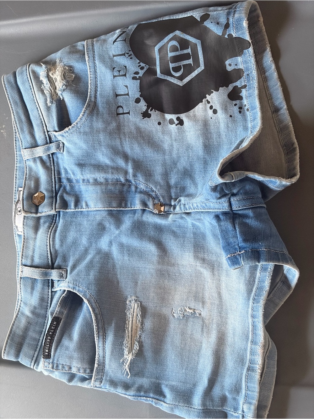 Philipp Plein Light Blue Distressed Denim Shorts with Black Graphic